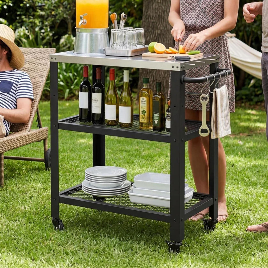 Levede Outdoor Kitchen Cart Mobile BBQ Grill Trolley Stainless Steel Prep Table-2050059021725077511