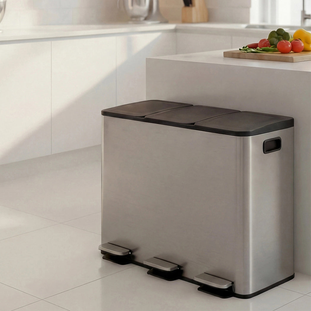 Toque Pedal Rubbish Bin Kitchen Trash Can Stainless Steel 3 x 18L Waterproof-2050056777290092551