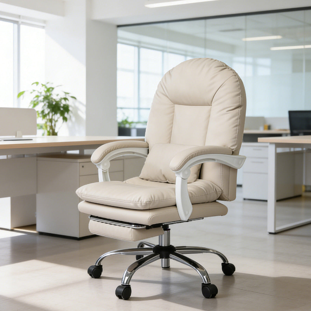 Levede Executive Office Chair Footrest PU Leather Tilt Gaming Work Seat Beige-2065254304113102855