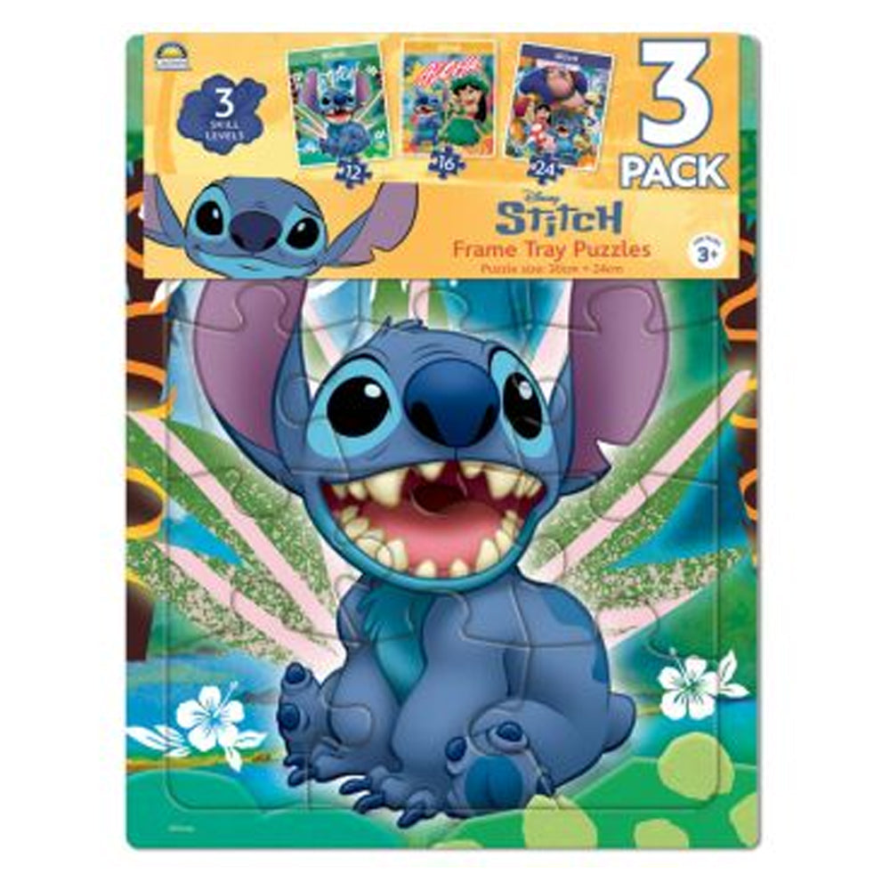 Disney Stitch 3 Pack Frame Tray 12 16 24 Piece Jigsaw Puzzles for 3+ Years Blue