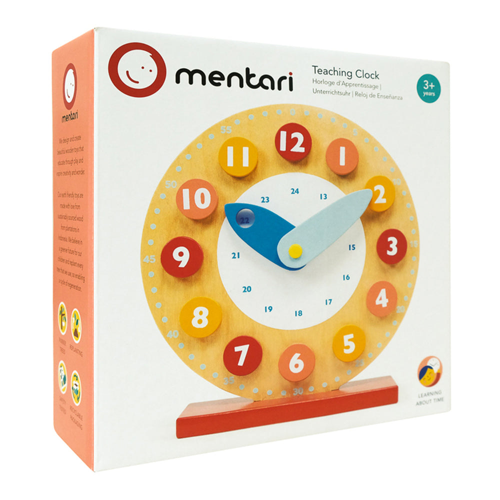 Mentari Teaching Clock Wooden Learn to Tell Time Moving Hands Kids Toy 3+ Years