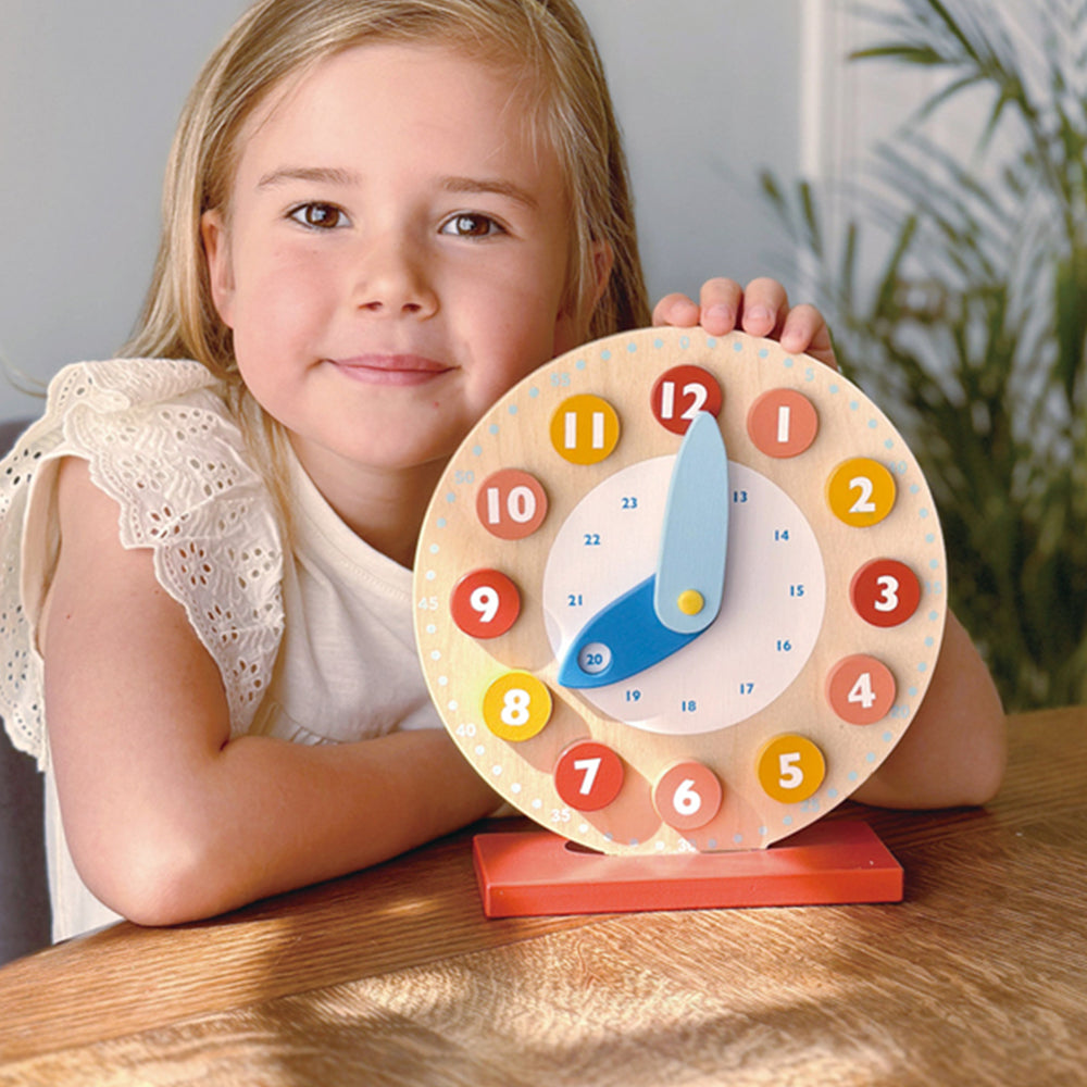 Mentari Teaching Clock Wooden Learn to Tell Time Moving Hands Kids Toy 3+ Years