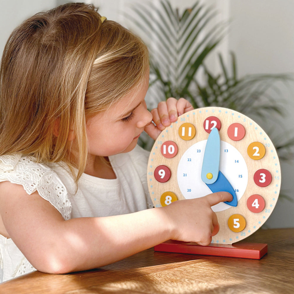 Mentari Teaching Clock Wooden Learn to Tell Time Moving Hands Kids Toy 3+ Years