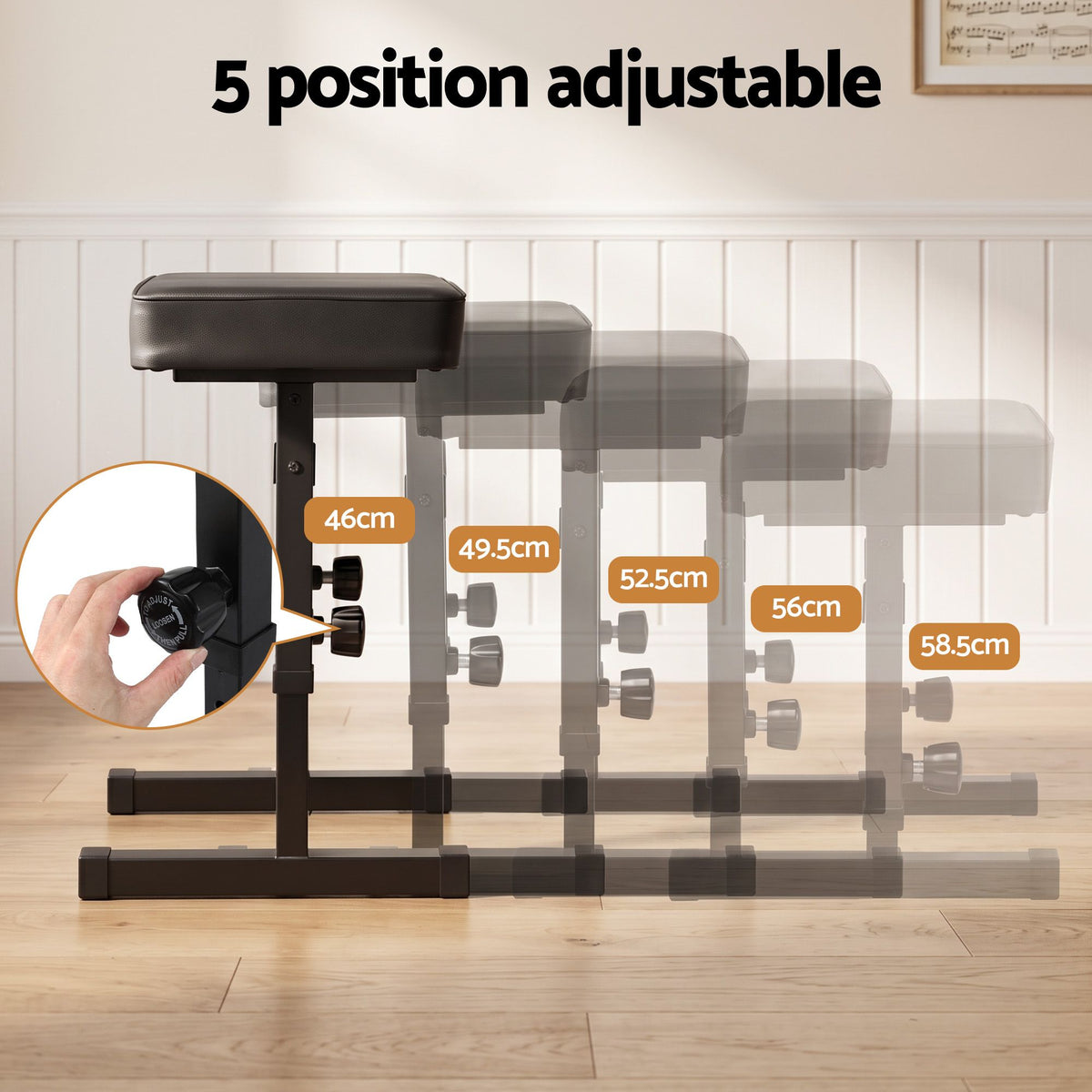 Alpha Piano Bench Adjustable Seat Heavy Duty H-Shape Piano Stool Black