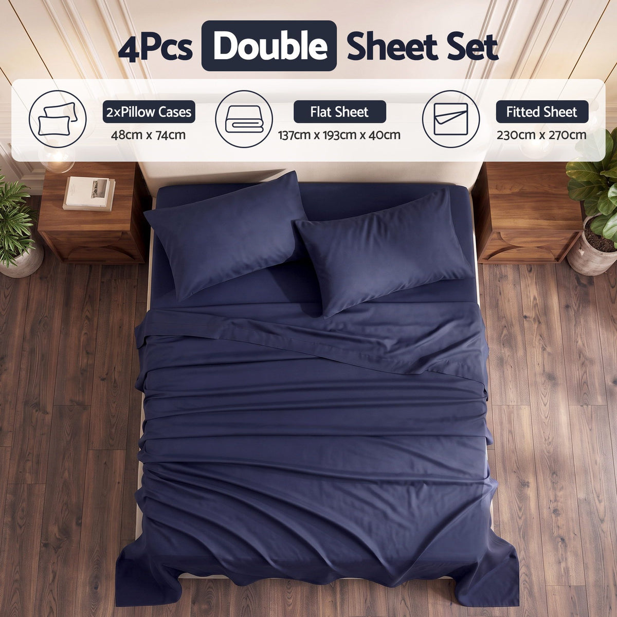 Giselle Double 500TC Cotton 4Pcs Sheet Set 40cm Extra Deep Pocket Navy Blue