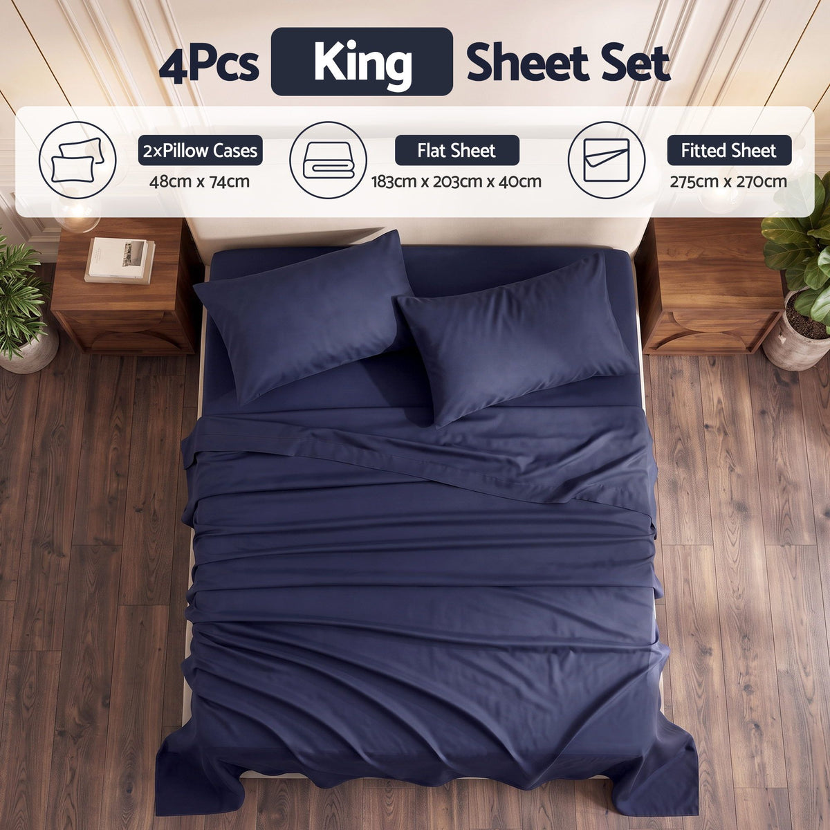 Giselle King 500TC Cotton 4Pcs Sheet Set 40cm Extra Deep Pocket Navy Blue