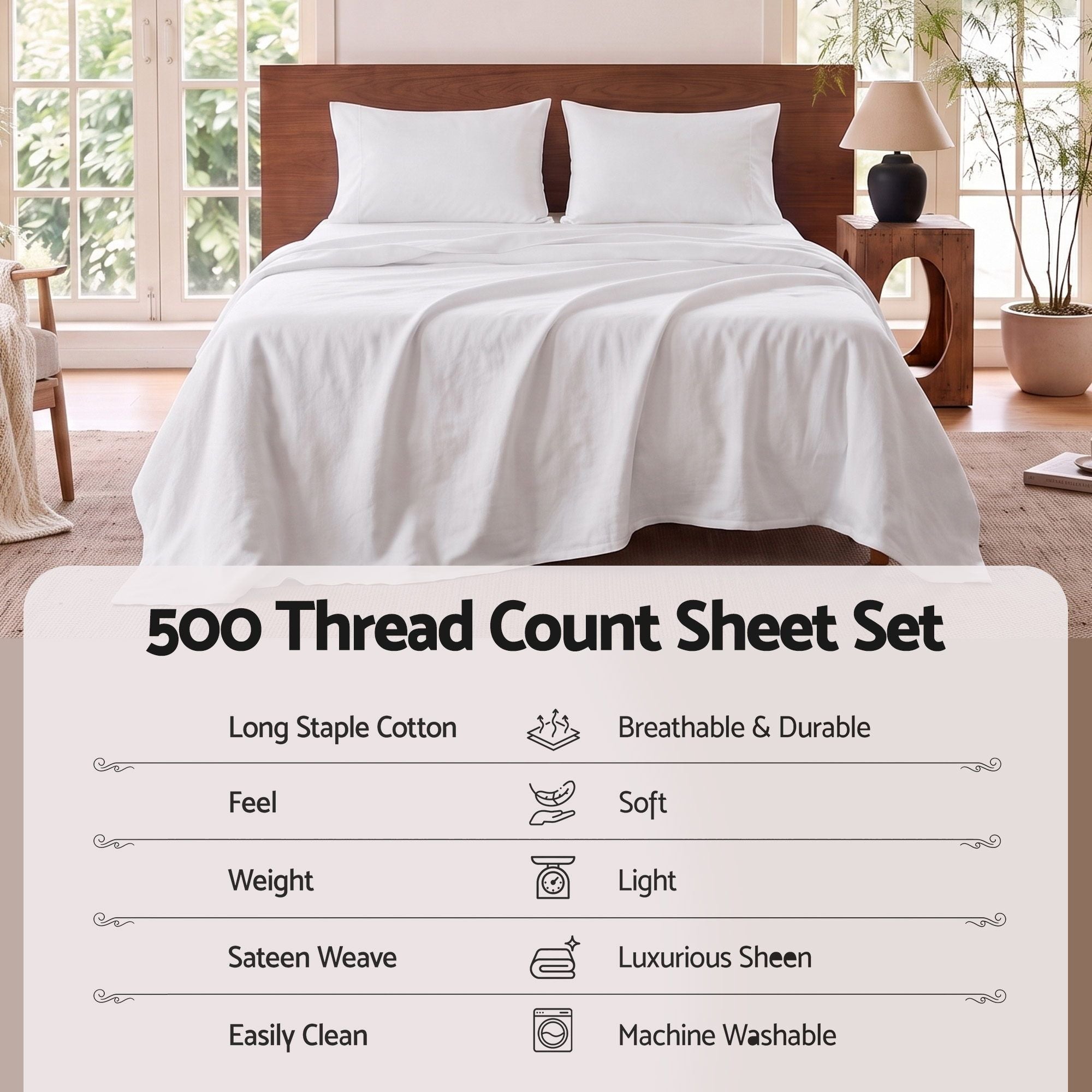 Giselle Double 500TC Cotton 4Pcs Sheet Set 40cm Extra Deep Pocket White