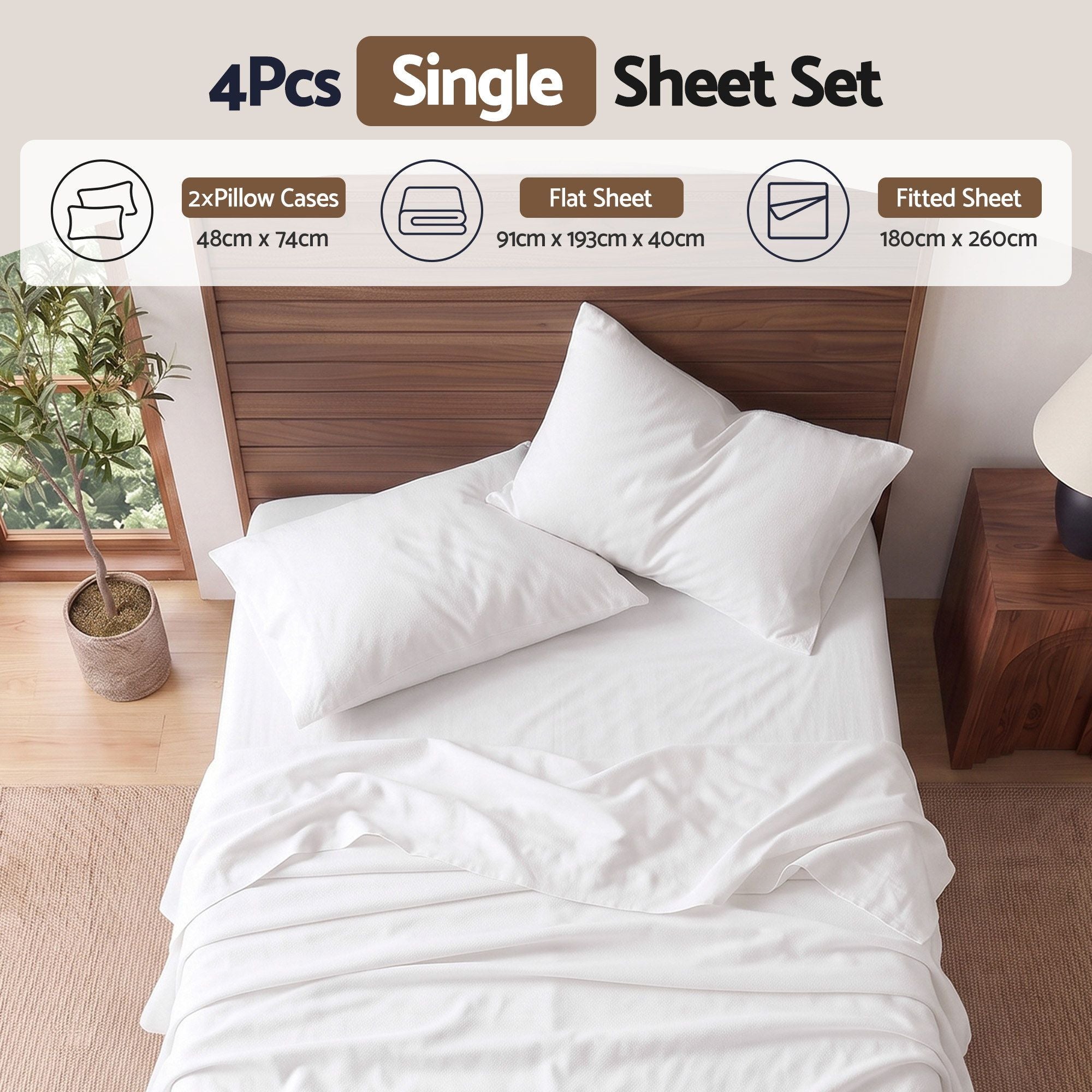 Giselle Single 500TC Cotton 4Pcs Sheet Set 40cm Extra Deep Pocket White