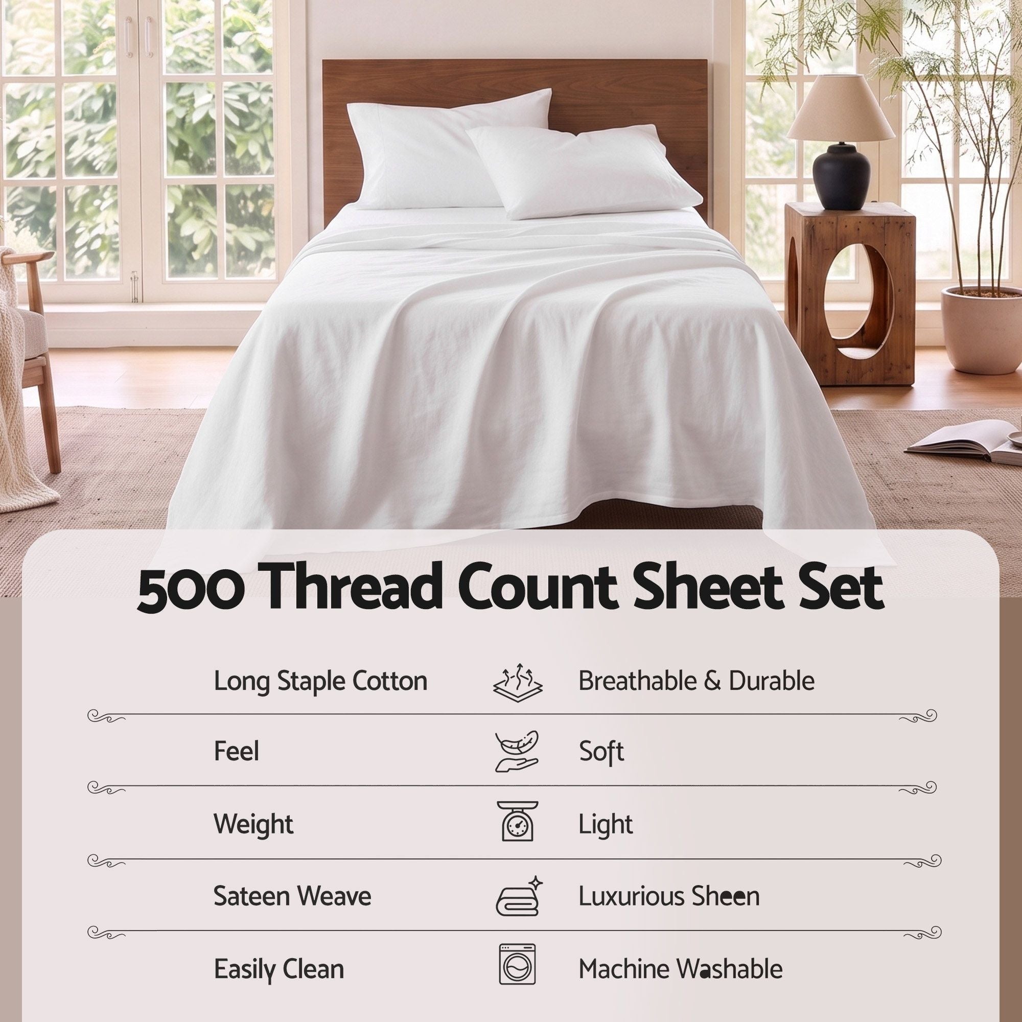 Giselle Single 500TC Cotton 4Pcs Sheet Set 40cm Extra Deep Pocket White