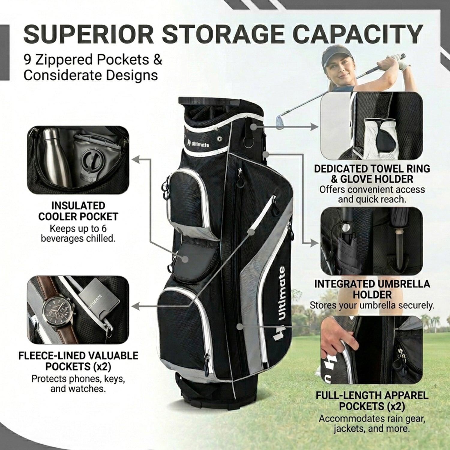Golf Cart Bag with 14 Way Top Dividers 9 Pockets and Cooler Bag Sports Gear