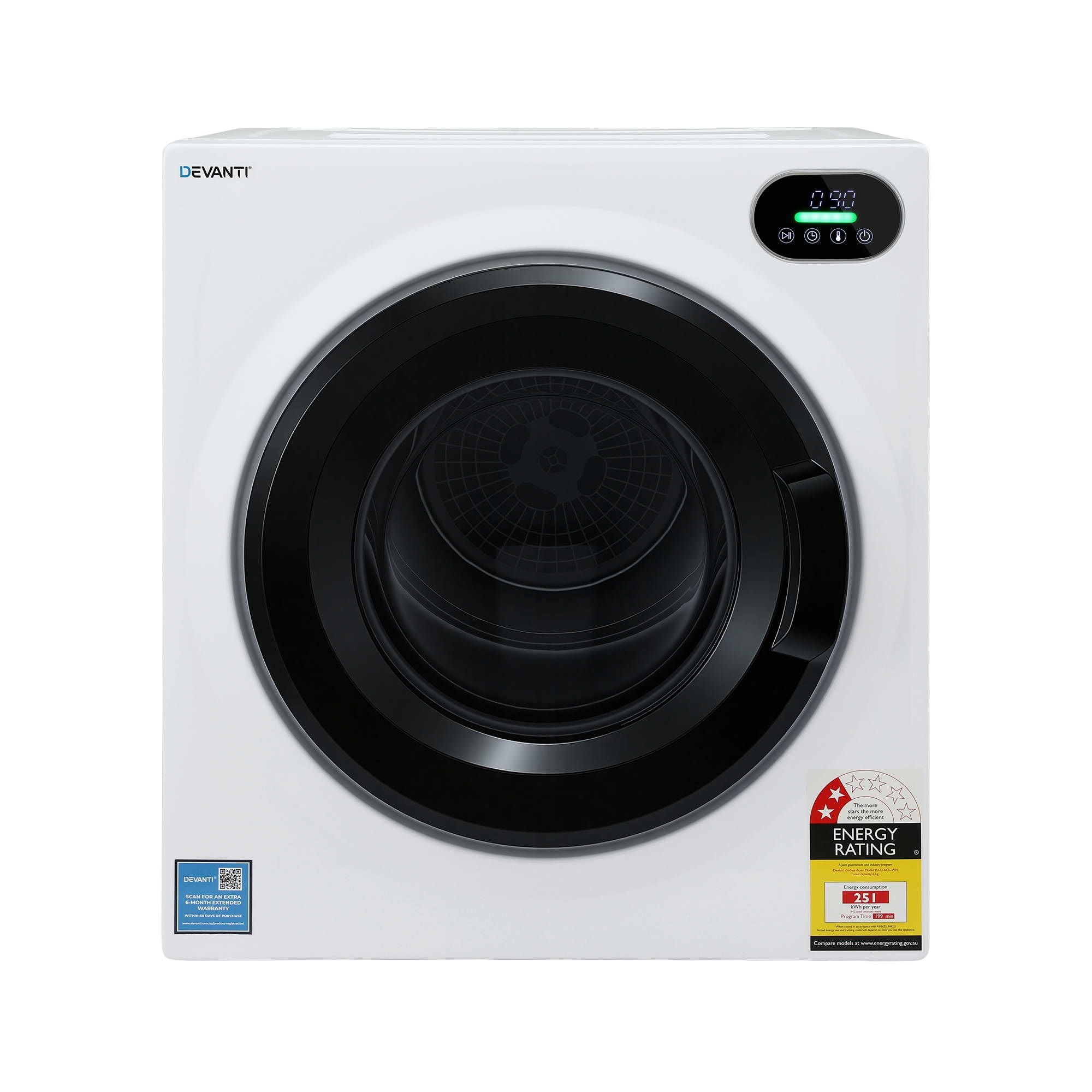 Devanti 6kg Tumble Dryer, Intelligent Touch Screen Clothes Dryer with 4 Drying Modes Stainless Steel Drum, 54x60x67.5cm