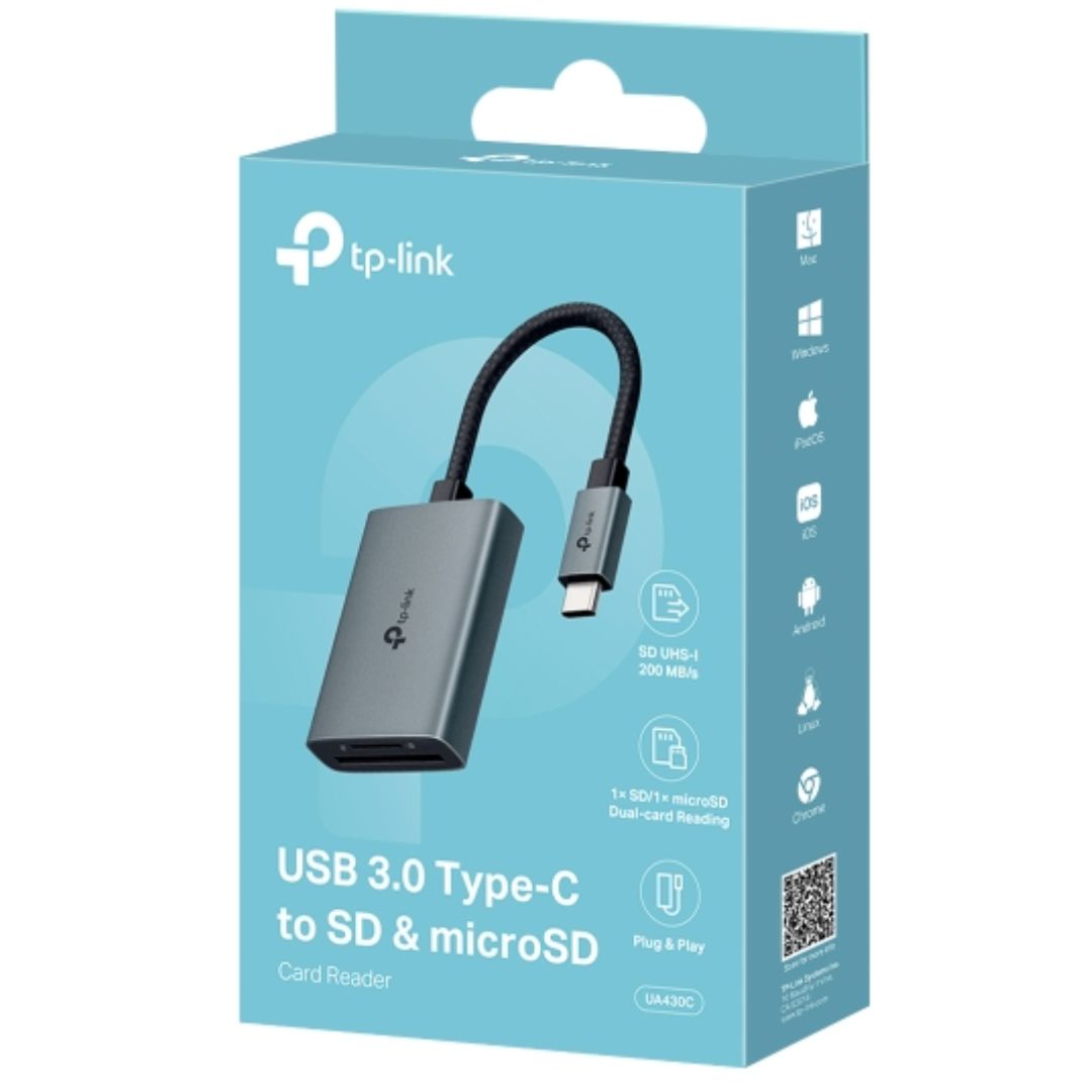 TP-Link UA430C USB 3.0 Type-C to SD & microSD 3.0 Card Reader, support SD,SDHCã€SDXC,microSDã€microSDHCã€microSDXC cards up to 2TB.