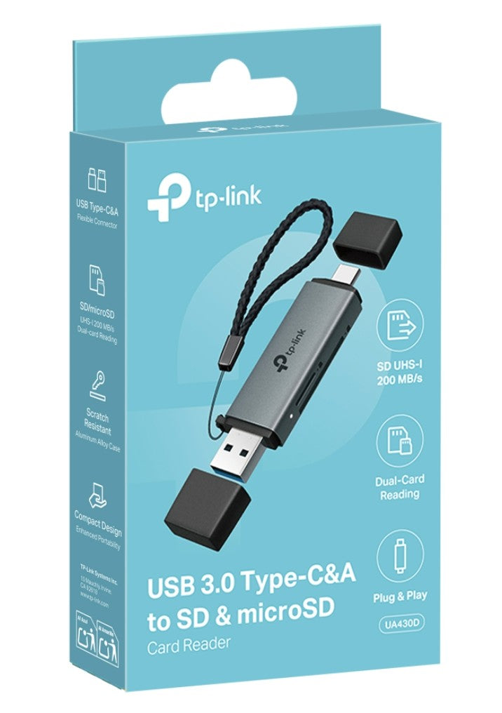 TP-Link UA430D USB 3.0 Type-C&A to SD & microSD 3.0 Card Reader, support SD,SDHCã€SDXC,microSDã€microSDHCã€microSDXC cards up to 2TB.