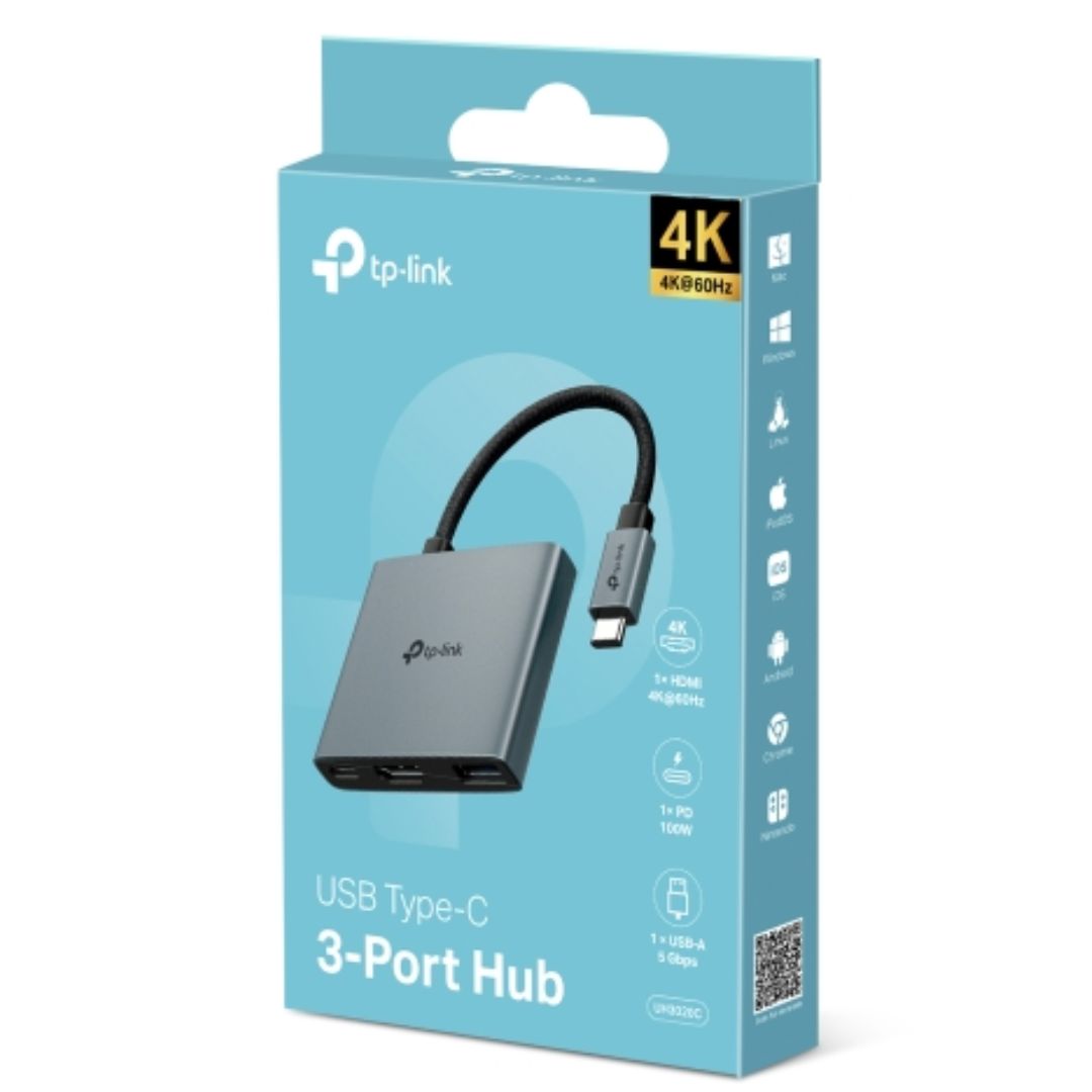 TP-Link UH3020C USB Type-C 3 in 1 Hub, 4K@60Hz HDMI, 100W Power Delivery, 1× USB-A Data Ports.