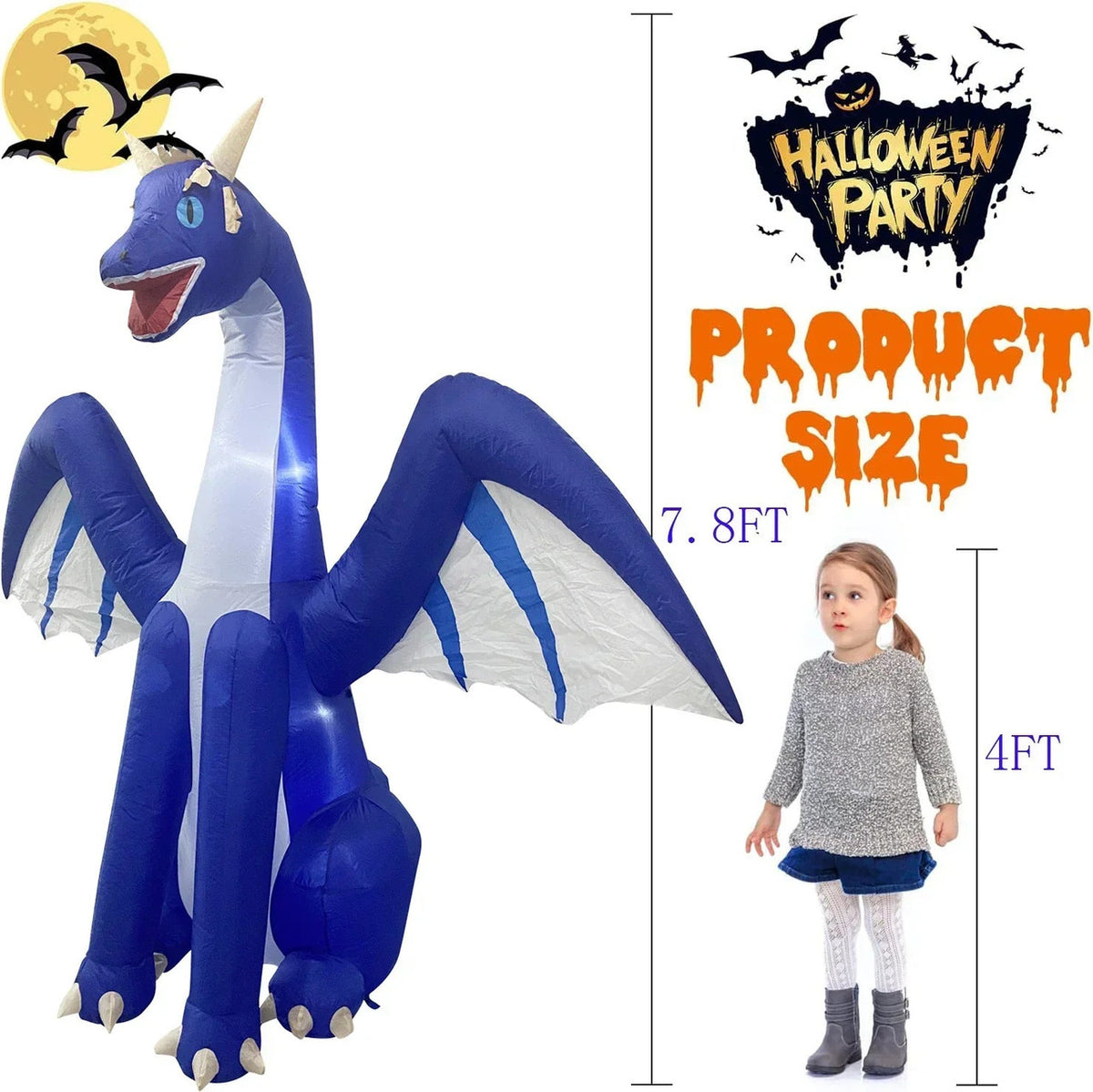 Giant Inflatable Dragon 2.4m LED Light Up Halloween Outdoor Indoor Garden Decor