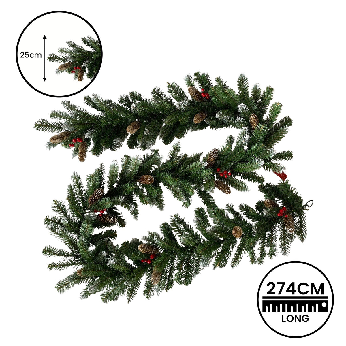 Christmas Garland 2.7m Pine Cones Red Berries Frosted Tips Pine Tree Decoration