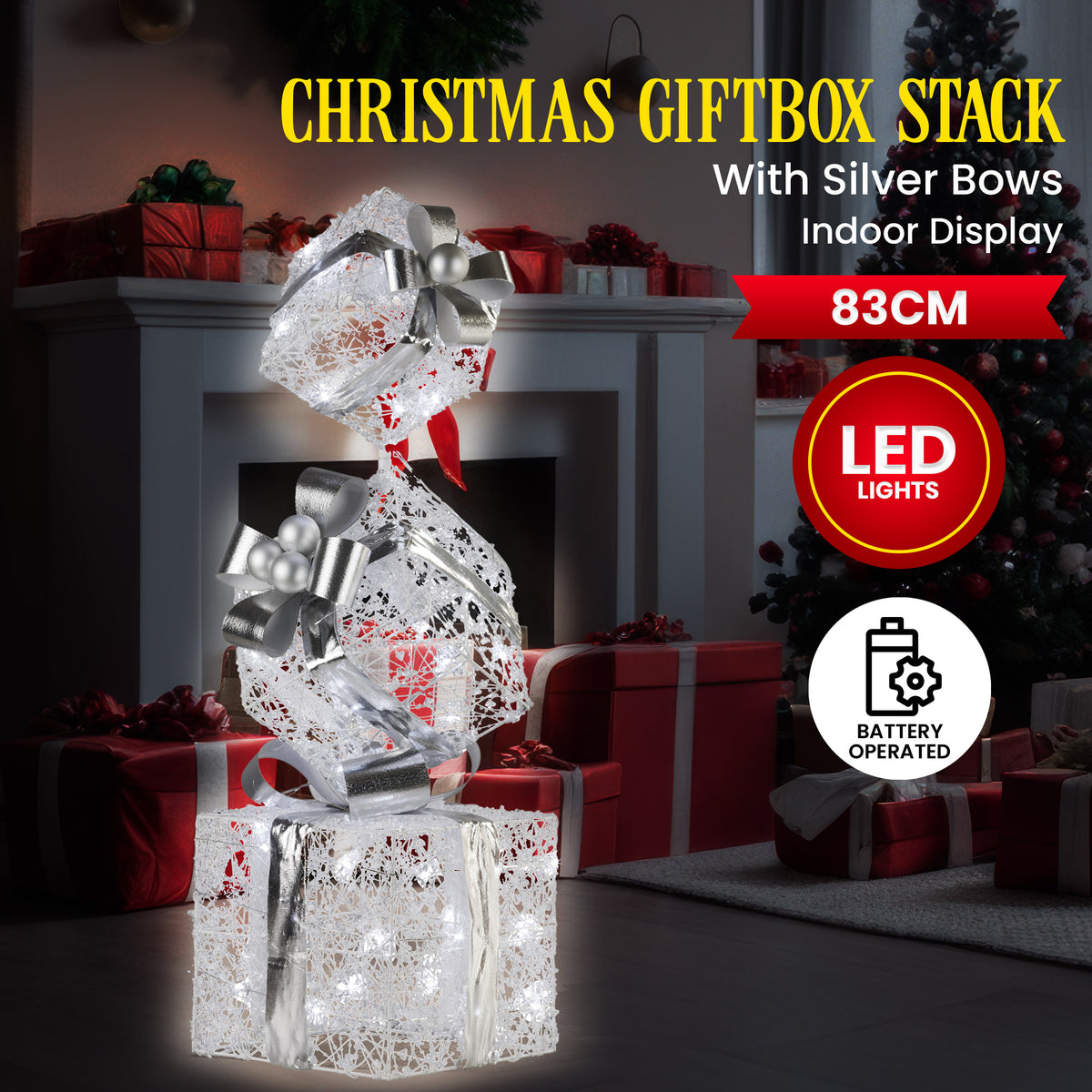 Triple Christmas Gift Box Stack Display 83cm 60 Cool White LED Battery Silver