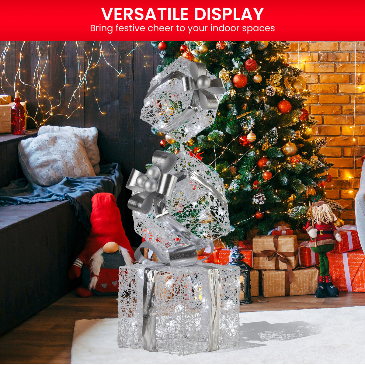 Triple Christmas Gift Box Stack Display 83cm 60 Cool White LED Battery Silver