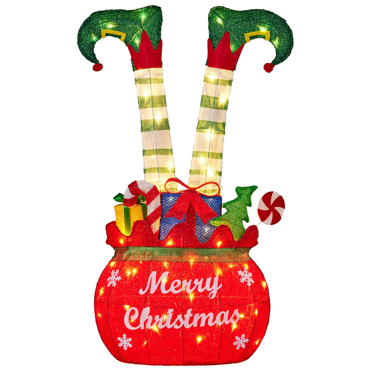 Elf in Gift Sack Christmas Display 86cm 60 Warm White LED Indoor Outdoor Frame