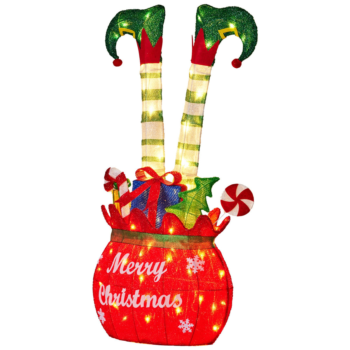Elf in Gift Sack Christmas Display 86cm 60 Warm White LED Indoor Outdoor Frame