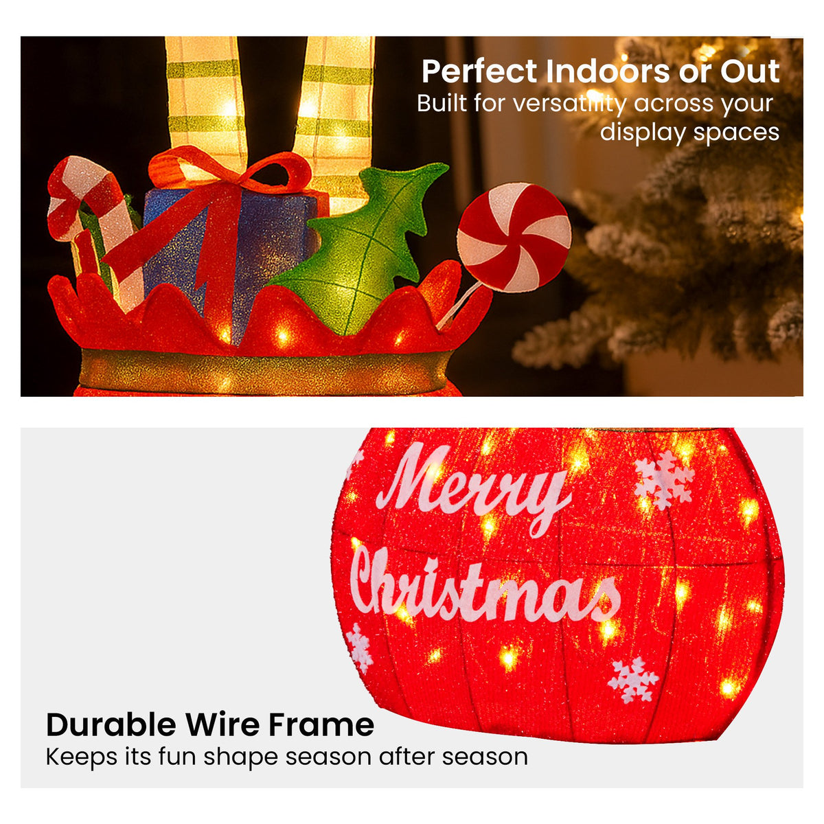 Elf in Gift Sack Christmas Display 86cm 60 Warm White LED Indoor Outdoor Frame
