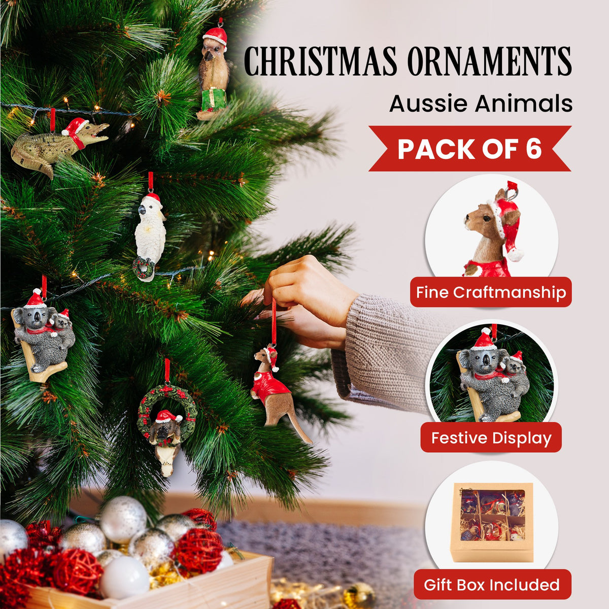 Box of 6 Assorted Aussie Animals Christmas Tree Decorations