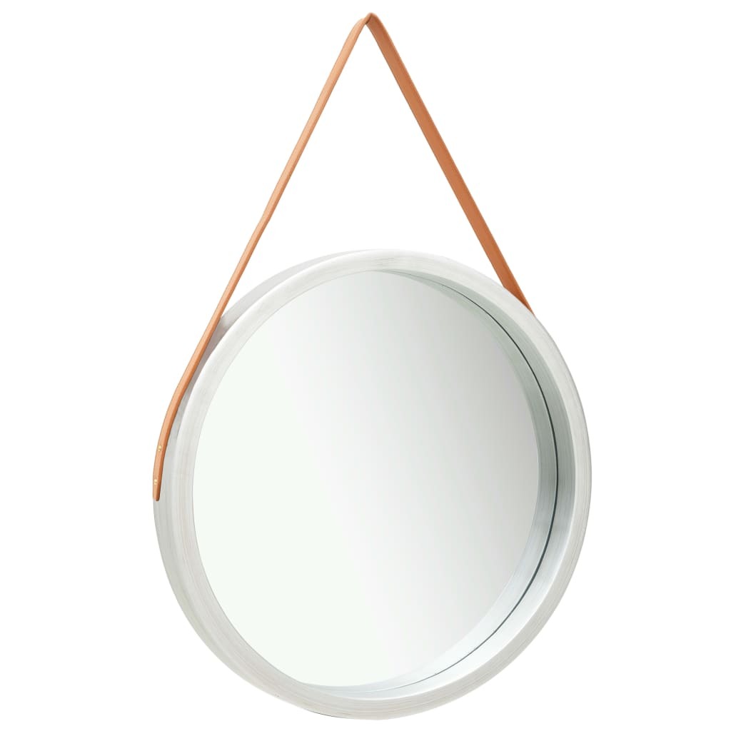 Wall Mirror Round Wood Frame Faux Leather Strap 60cm Retro Hanging Silver