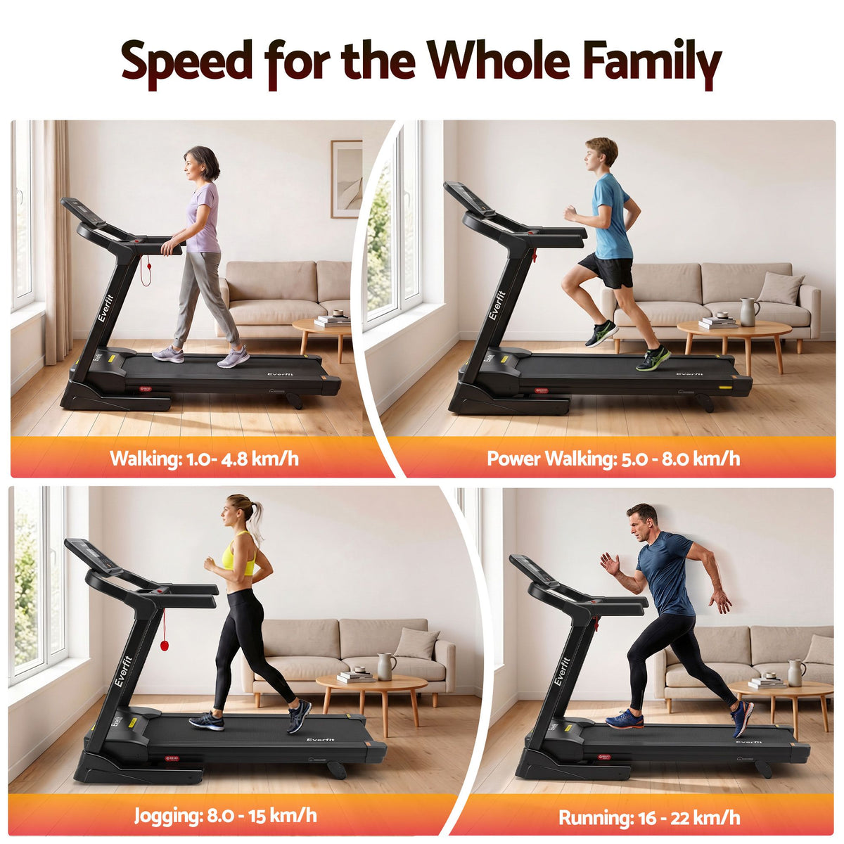 Everfit 3in1 Electric Treadmill with 3-Level Incline for Home Gym Fitness Foldable 460mm Black