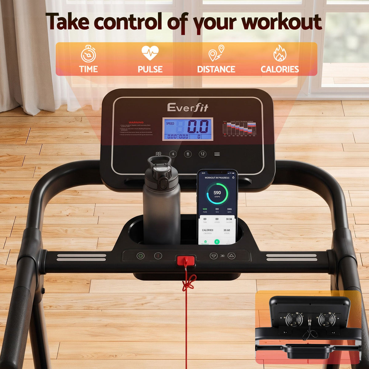 Everfit 3in1 Electric Treadmill with 3-Level Incline for Home Gym Fitness Foldable 460mm Black
