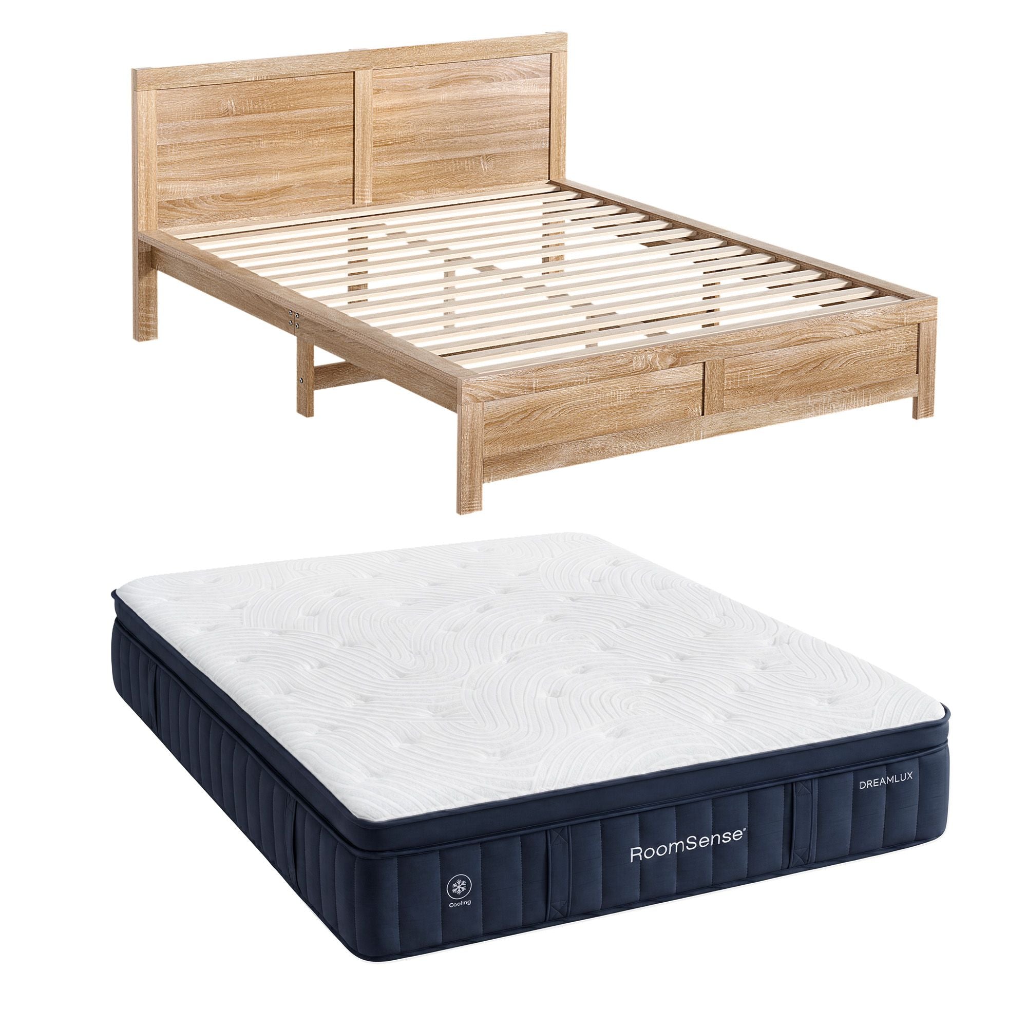 RoomSense Double 34cm Medium Soft Gel Mattress Bundle, Oatmeal Bed Frame
