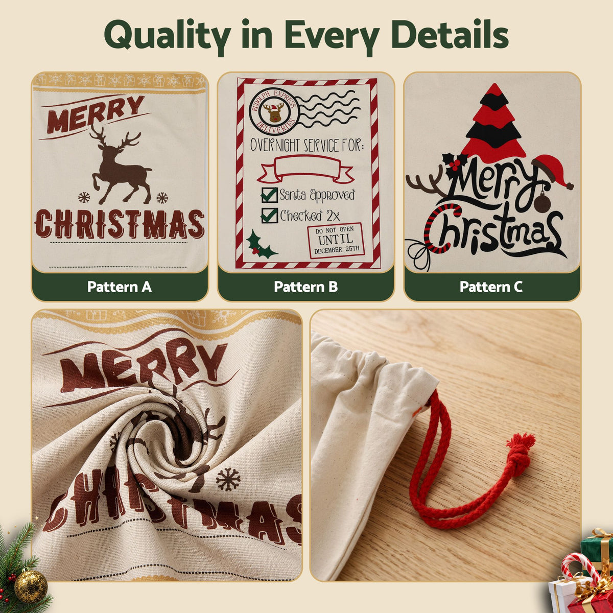 Jingle Jollys 3Pcs Christmas Santa Sacks Canvas Gift Bags Personalised Beige