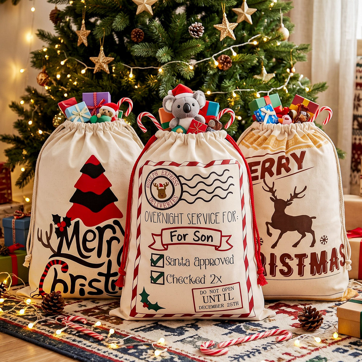 Jingle Jollys 3Pcs Christmas Santa Sacks Canvas Gift Bags Personalised Beige