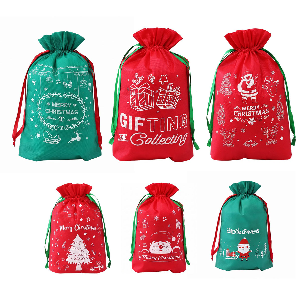 Jingle Jollys 6Pcs Christmas Santa Sacks Drawstring Gift Storage Bags Red Green