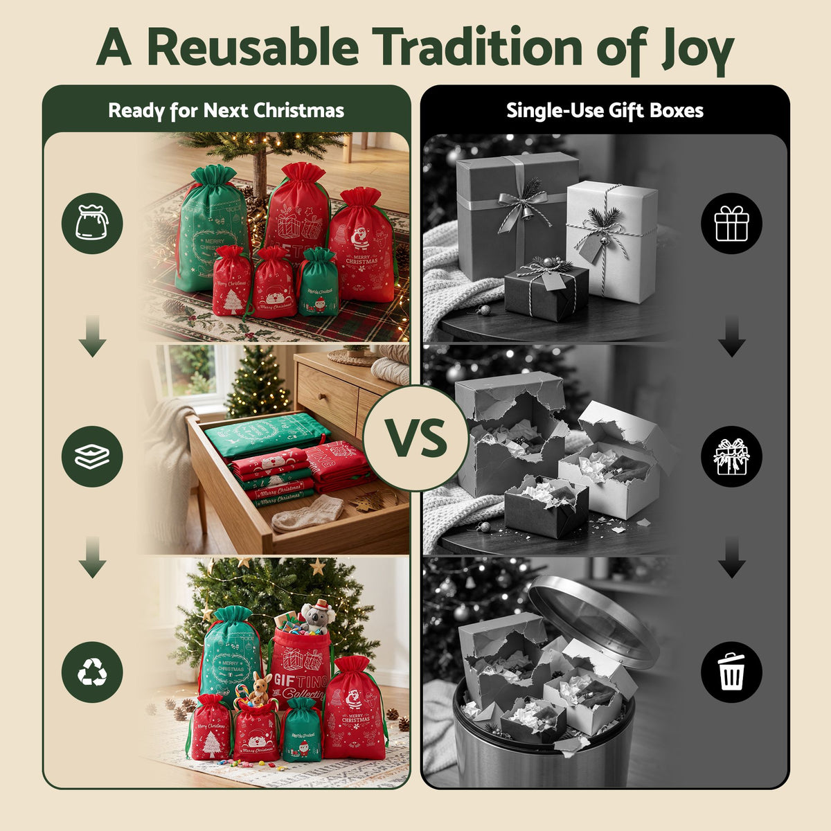Jingle Jollys 6Pcs Christmas Santa Sacks Drawstring Gift Storage Bags Red Green