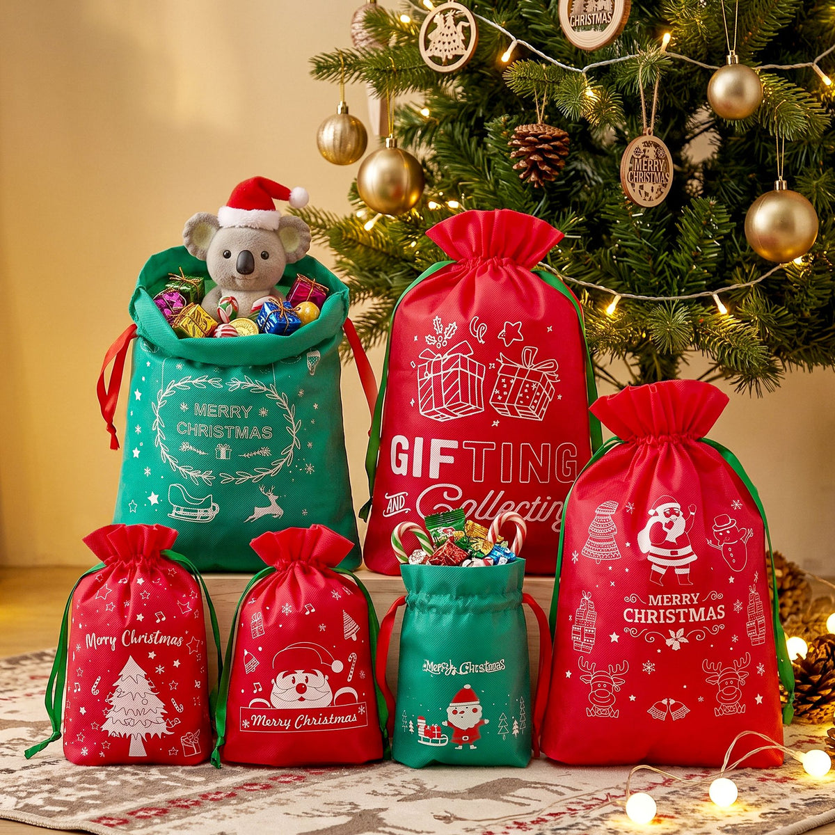 Jingle Jollys 6Pcs Christmas Santa Sacks Drawstring Gift Storage Bags Red Green