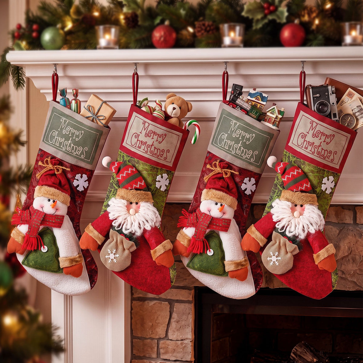 Jingle Jollys 4PCS Christmas Stockings Large 3D Plush Santa Snowman 43.5cm Decor