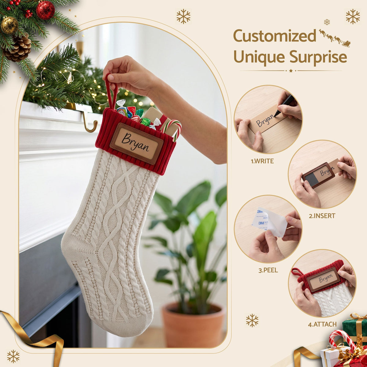Jingle Jollys 3PCS Personalized Christmas Stockings with Leather Patches 16 Inch