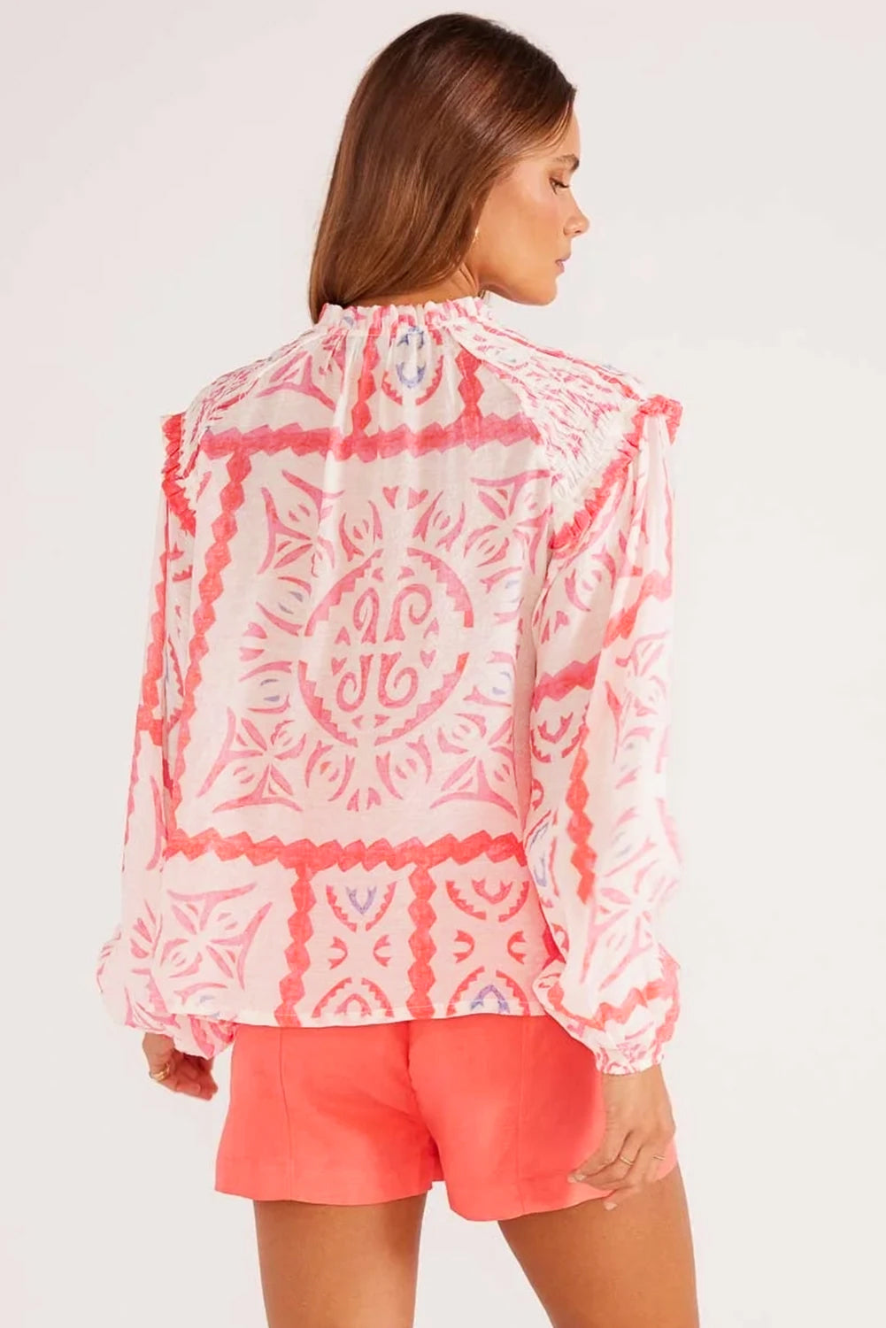 Desert Flower Vintage Print Smocked Poet Collar Blouson Sleeve Blouse