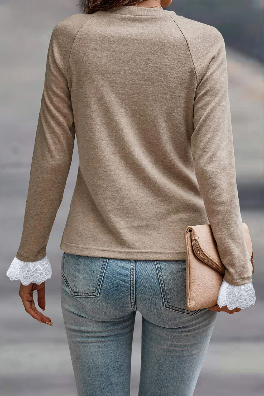 Parchment Top Seam Detail Raglan Sleeve Lace Contrast Cuffs Casual Top