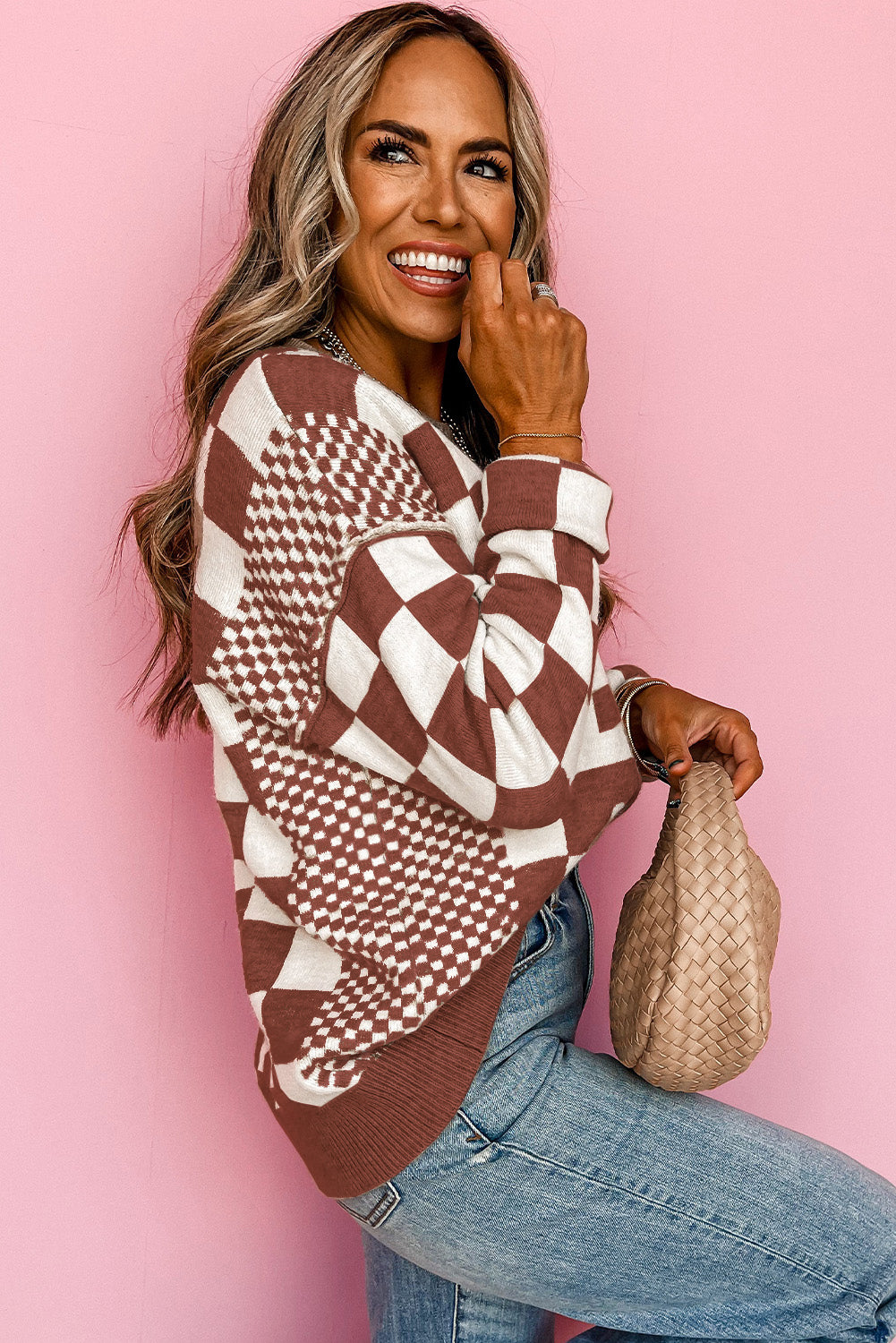 Women’s Black Checkered Print Drop Shoulder Round Neck Sweater