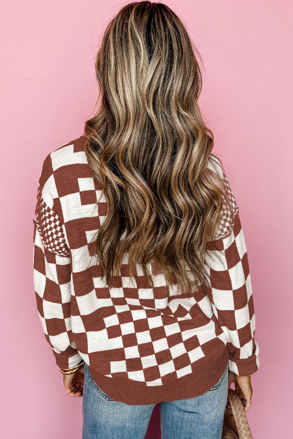 Women’s Black Checkered Print Drop Shoulder Round Neck Sweater