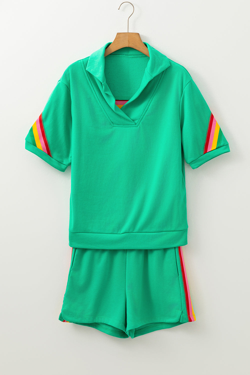 Women’s Sea Green Rainbow Colourblock Collared Short Sleeve Top and Shorts Set