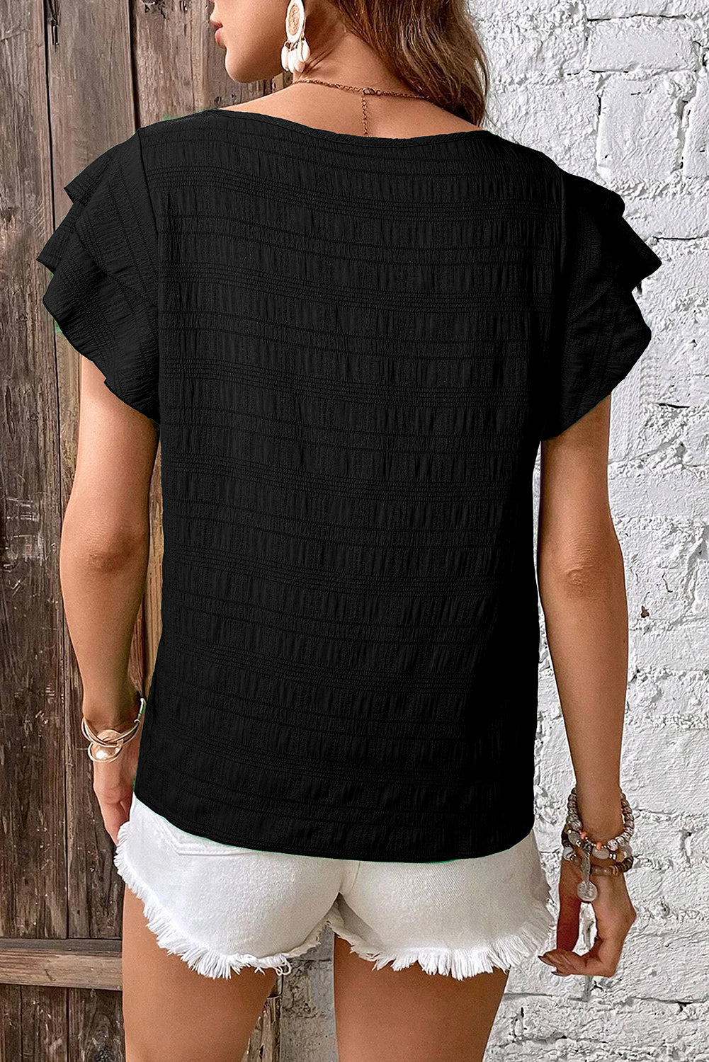 Dark Blue Textured Round Neck Top with Ruffled Sleeves for Women