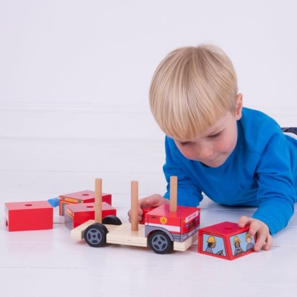 Bigjigs Toys Wooden Stacking Fire Engine Educational Toy for Toddlers