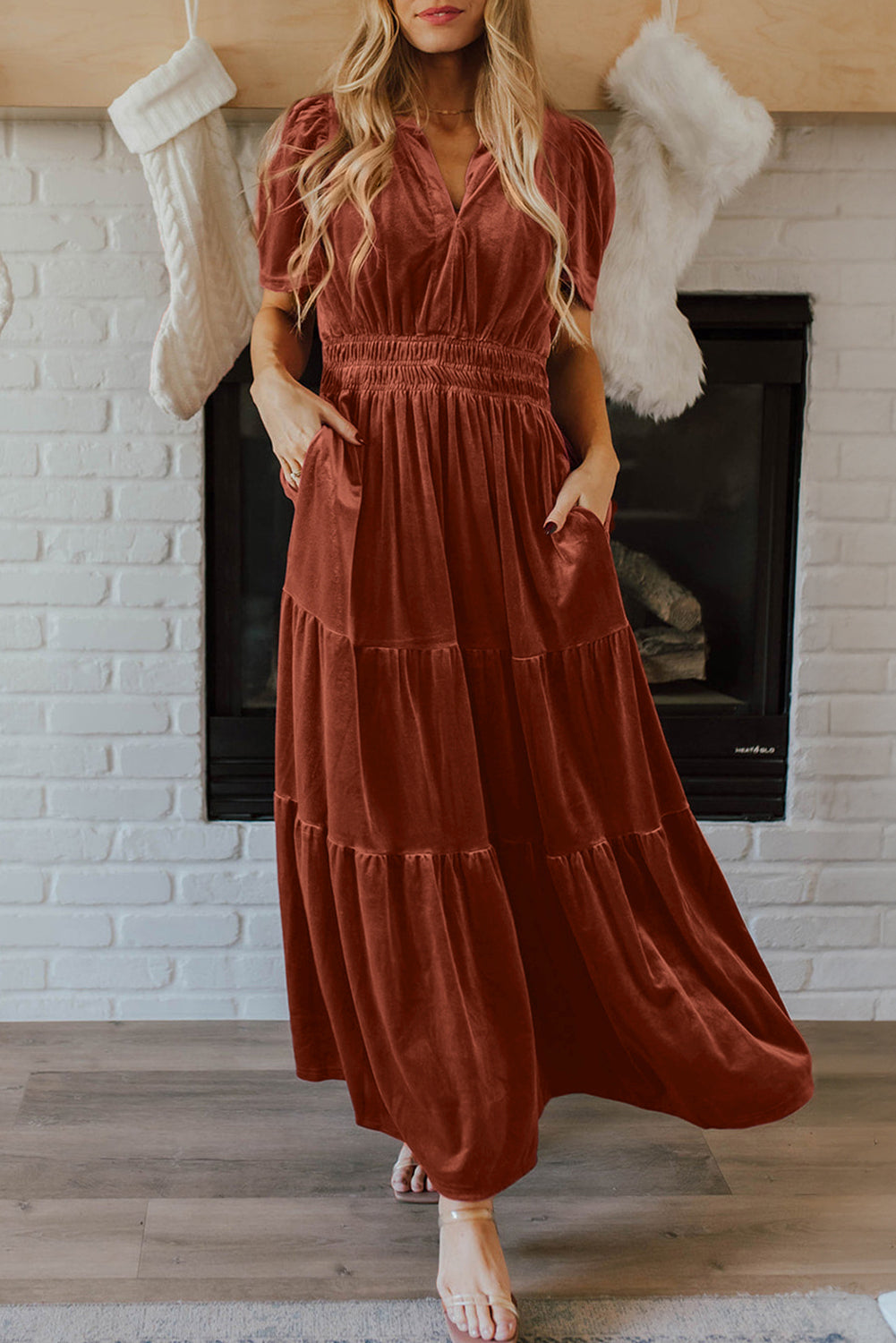 Red Dahlia Velvet Short Sleeve Shirred Waist TieredW omen’s Maxi Dress