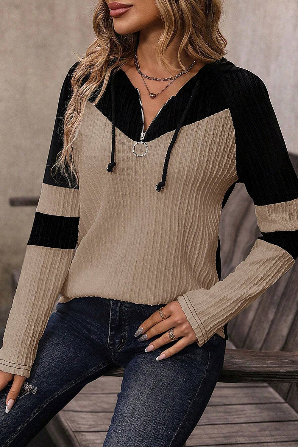 Parchment Colourblock Hoodie Textured Long Sleeve Quarter Zip Drawstring Top