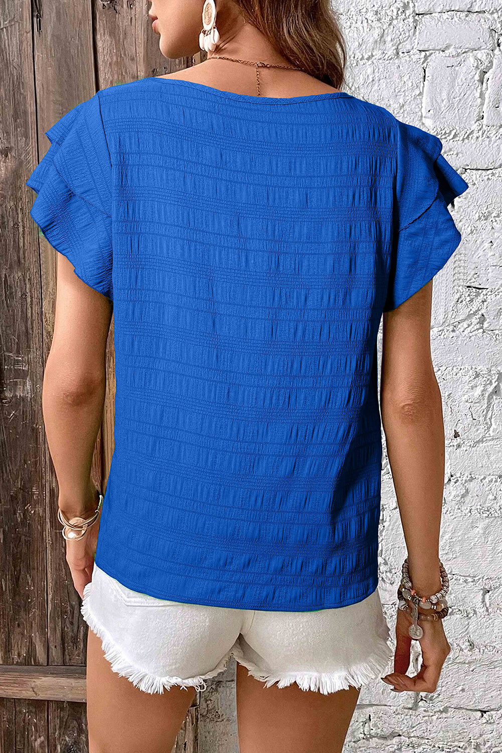 Dark Blue Textured Round Neck Top with Ruffled Sleeves for Women