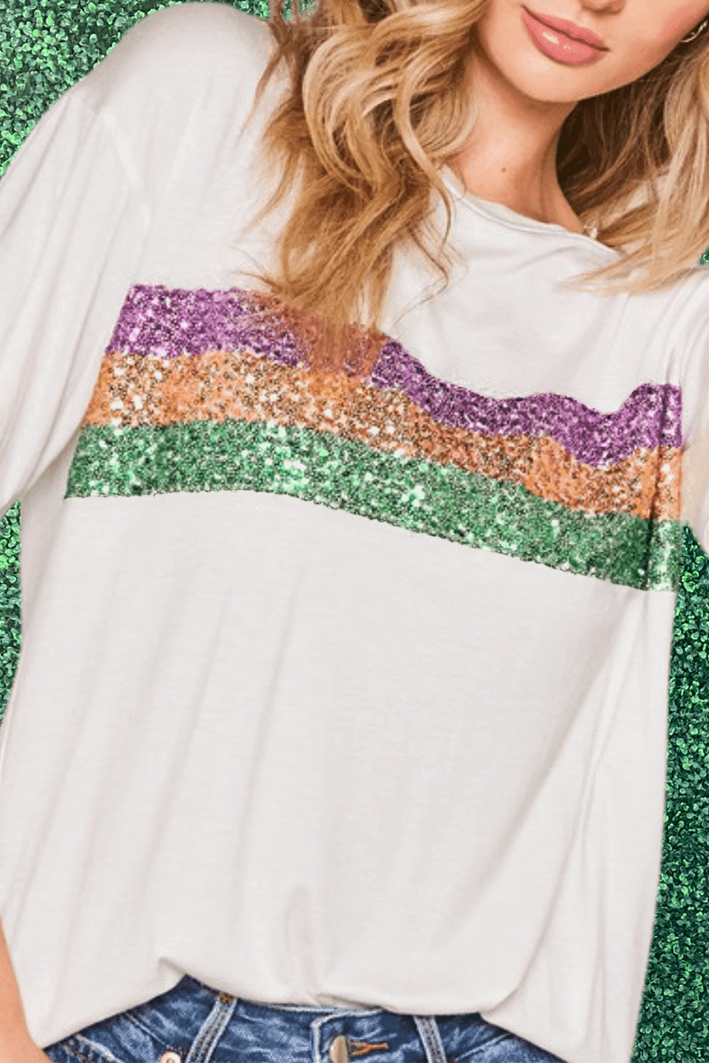 Black Sequin Stripes Patchwork Mardi Gras Crew Neck Women’s T-Shirt