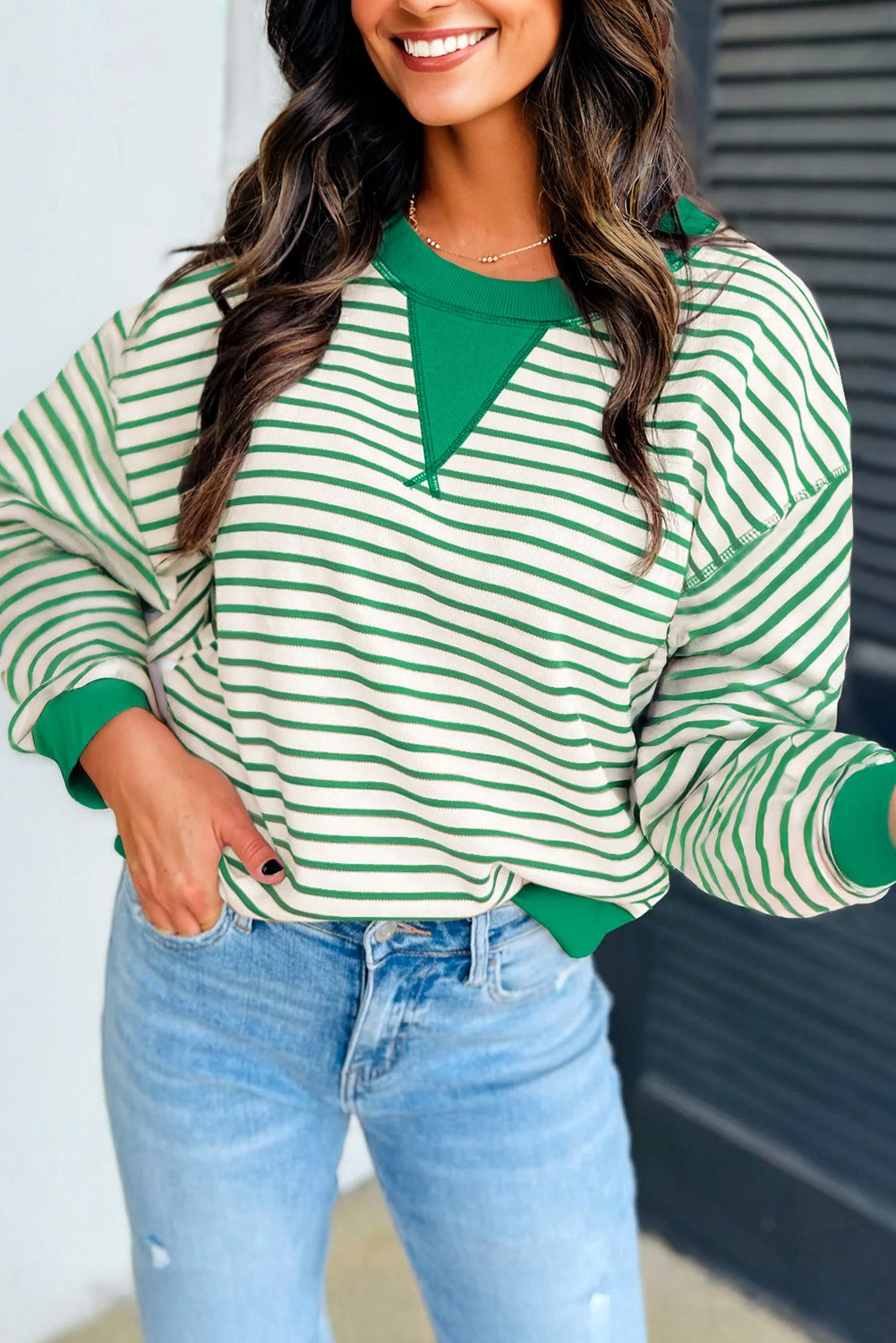 Bright Green Striped Exposed Seam Patchwork Loose Pullover Top