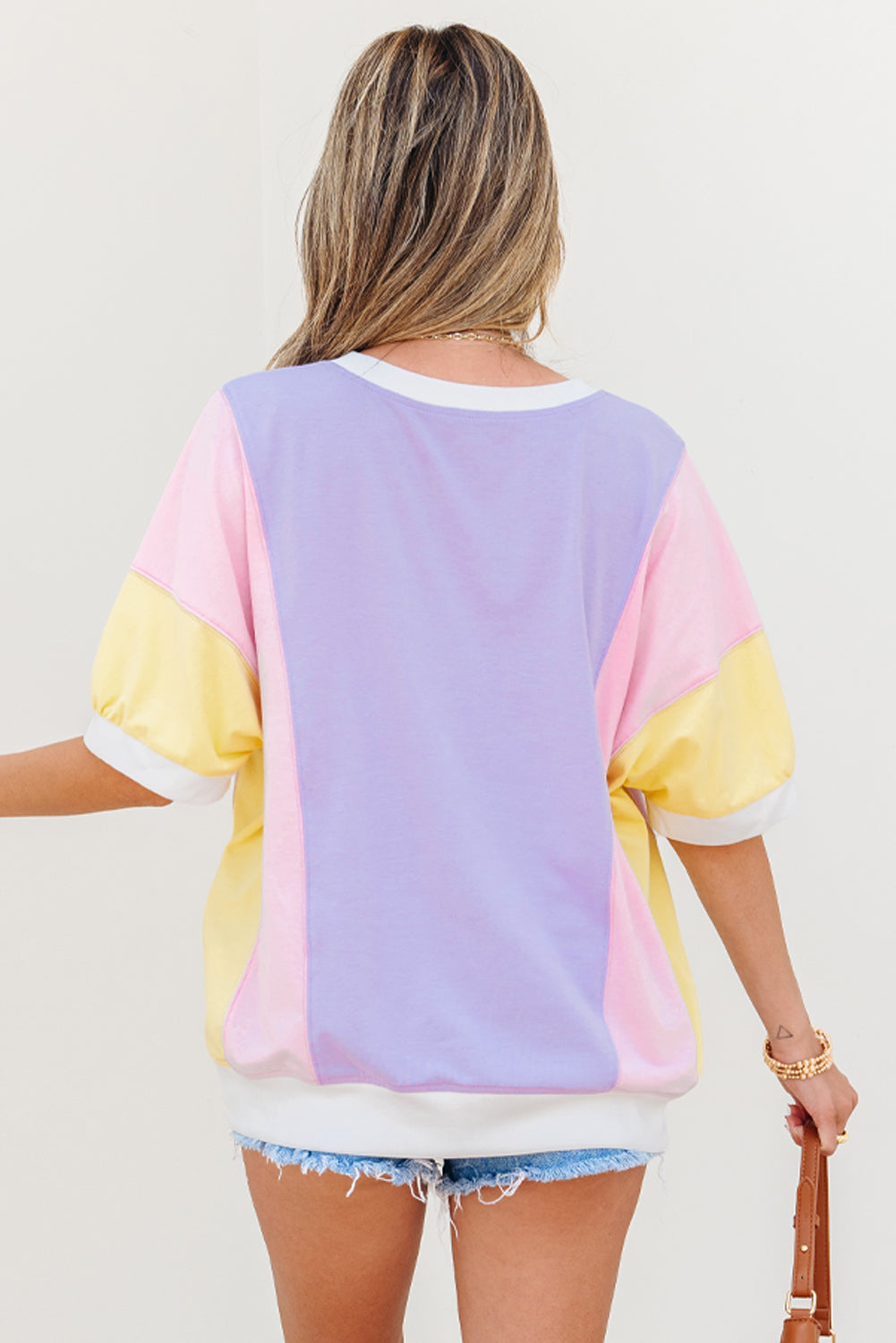 Purple Colour Block Patchwork Half Sleeve Oversized T Shirt for Women